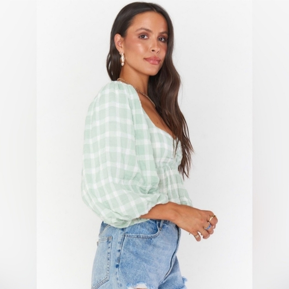 New Show Me Your MuMu Sage Green Gingham Ruffle Crop Smocked Top Small - Picture 2 of 8
